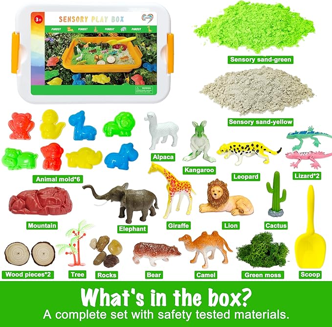 Jungle Sensory bin,Safari Animal Figures Playset Toys,Wild Forest Sandbox,Desert Animals Play Sand Set with Sensory Sand,Zoo Animal Figurines,Jungle Adventure Play Kit for Kids 3 4 5 6 7