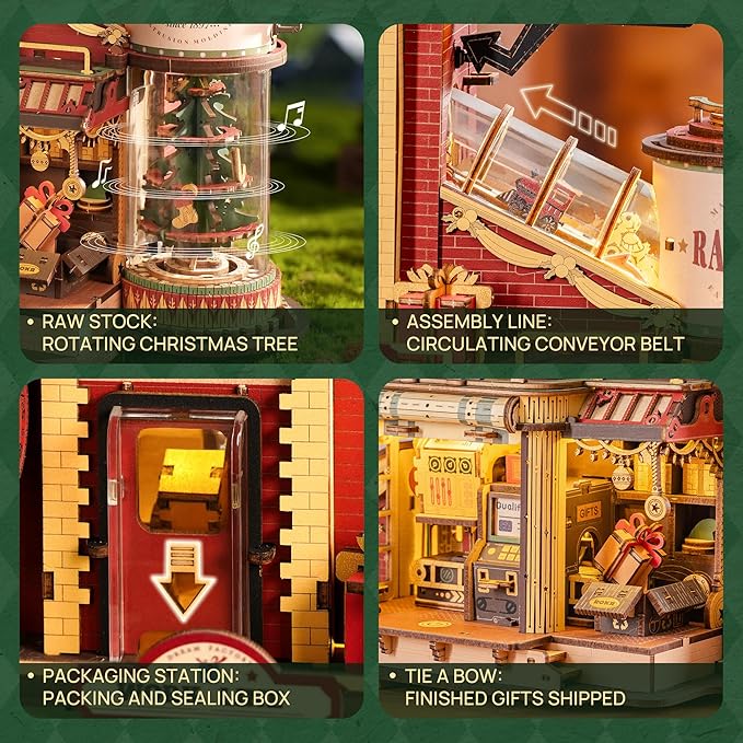 ROKR 3D Puzzle for Adults Christmas Style Dream Gift Factory Wooden Model Kit Luminous Factory DIY Dollhouse Kit Building with Music, Lights and 5 Elves for Adults