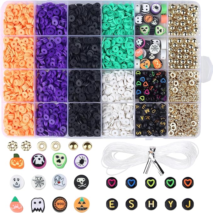 XIANNVXI 2700pcs Halloween Clay Beads Orange Purple Black White Green Jewelry Making Kit Friendship Bracelet Supplies with Halloween Pattern Clay Beads DIY Crafts Kit