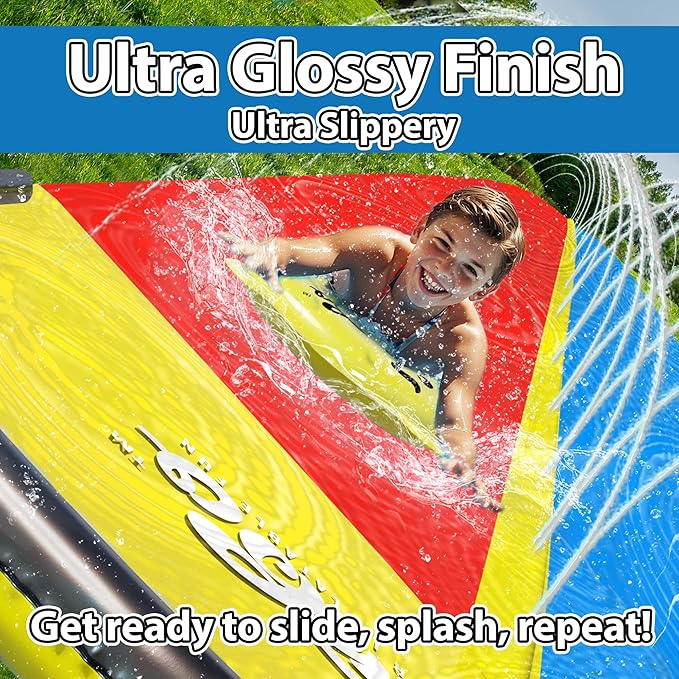 JAMBO 25ft Double Lane Slip Splash and Slide with 2 Bodyboards with Built in Sprinkler for Backyard Outdoor Water Fun for Kids