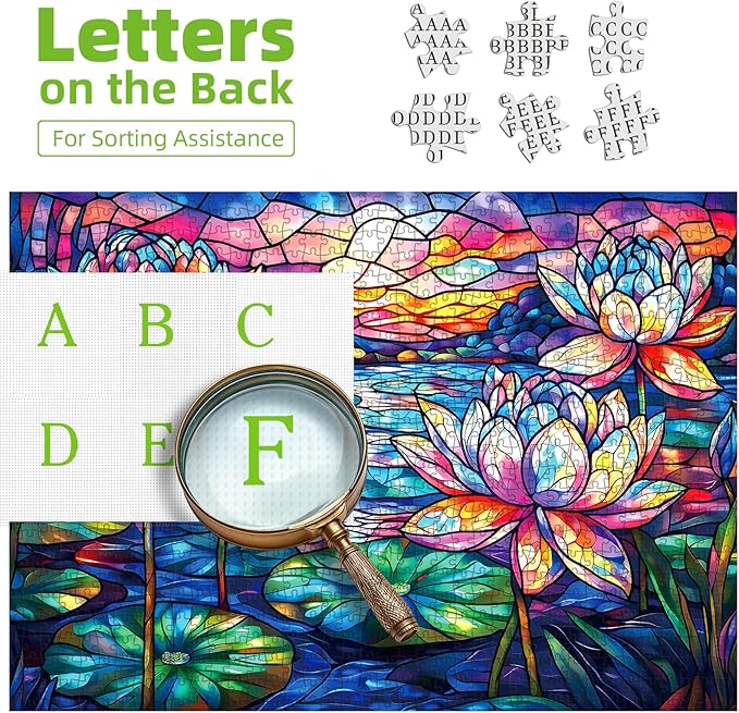 Stained Glass Flower Puzzles for Adults 1000 Pieces Colorful Waterlily Impossible Hard Puzzle for Adults Beautiful Vintage Flowers Art Jigsaw Puzzles Unique Challenging Mosaic Floral Family Puzzle
