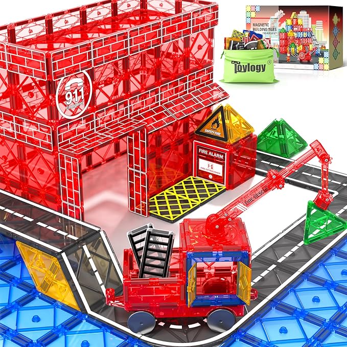 Magnetic Tiles Road Set with Magnetic Crane Edition, Magnet Building City Fire Kids Car Toys for 3 4 5 6 7 Years Old Boys Girls, Magworld Kids Games Construction STEM Toys for Boys Gifts