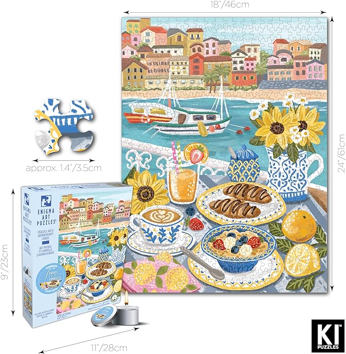 KI Puzzles 500-Piece Jigsaw Puzzle – Aromatherapy Blueboard with Candle – Cozy Olivia Gibbs Breakfast View – 24x18 Relaxing Hygge Puzzle for Adults & Teens