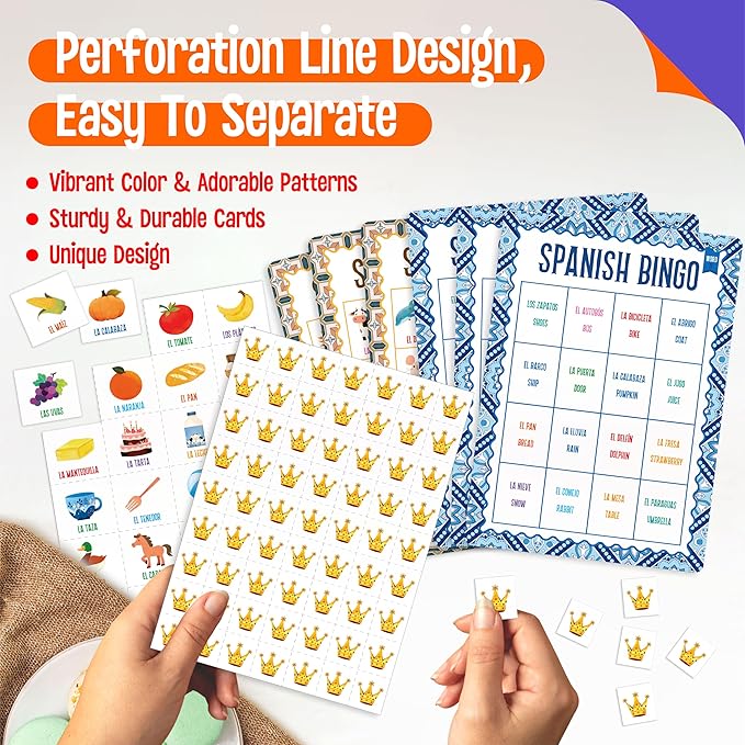 Spanish Bingo Game, 25 Boards for Spanish Vocabulary Bilingual Word Bingo Game Educational Toys for Language Learning - Ages 5 and up (Up to 25 Players)