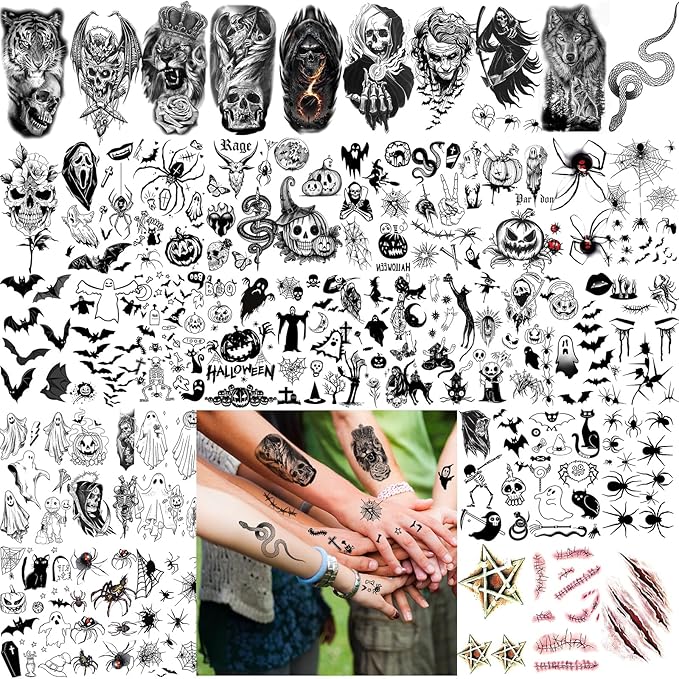 52 Sheets Black Halloween Temporary Tattoos for Kids Men Women, Include 10 Sheets Large Half Arm Sleeve Fake Tattoos, 200+ PCS Spider Snake Tiger Lion Skull Bat Vampire Scar Halloween Tattoos