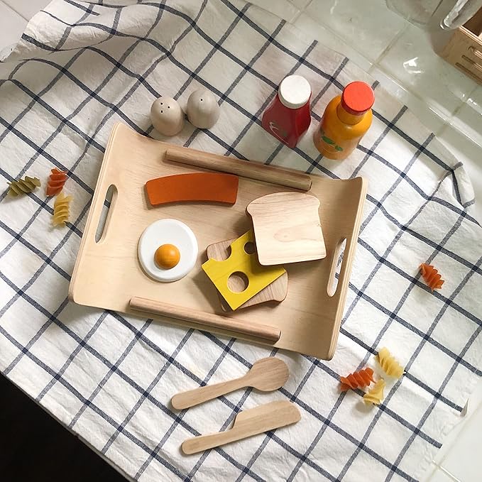 PlanToys® Wooden Play Food Breakfast Set for Kids | Pretend Cooking & Role-Play Toy with Bread, Egg, Sausage & More | Eco-Friendly Kitchen Toy for Imaginative Play & Fine Motor Skills