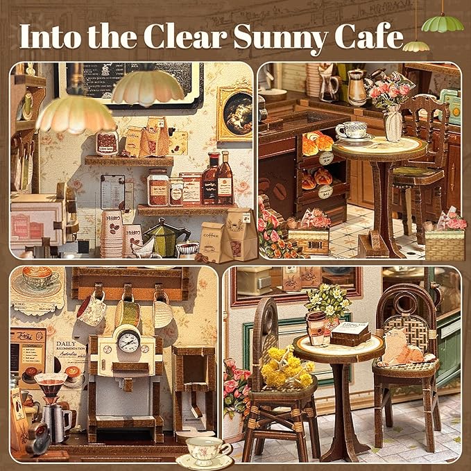 Fsolis Book Nook Kit - DIY Scene Miniature Dollhouse Kit for Adults Bookshelf Puzzle Tiny House Mini Craft Coffee Shop Model Bookshelf Decor Gifts for Women Book Lovers Puzzle Beginners (Sunny Cafe)