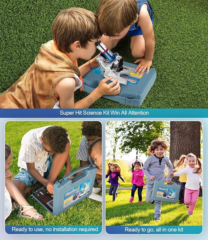 Kids Beginner Microscope Science Kit with 100X-1200X, 13 Prepared Slides & DIY Blank Slides, 18MM HD Len, LED Light Adjustable and ABS Box, Microscope for Kids 5-7 8-12