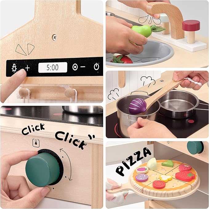 Wooden Play Kitchen for Kids, Adjustable Height Wooden Toys Kids Kitchen Playset, Mordern Designed Toys Kitchen Gift with Play Food Kitchen Accessoires for 3Y+