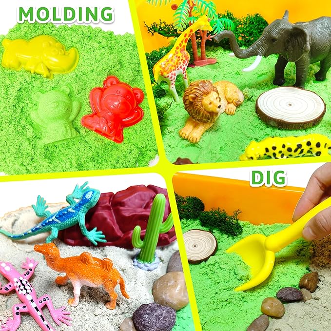 Jungle Sensory bin,Safari Animal Figures Playset Toys,Wild Forest Sandbox,Desert Animals Play Sand Set with Sensory Sand,Zoo Animal Figurines,Jungle Adventure Play Kit for Kids 3 4 5 6 7