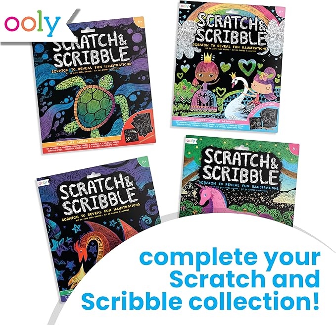 Ooly Scratch & Scribble 10pc Art Kit with 8 Total Scratch Cards (4 Illustrated, 2 Blank, 2 Rainbow) with Scratching Tool and Sparkled Stickers, Art Set Gifts for Kids - Ocean Life