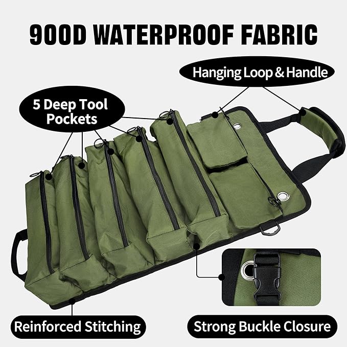 Portable Foldable Roll-Up Waterproof Tool Bag Organizer with 5 Compartments & 2 Detachable Pouches, Heavy-Duty Tool Pouch Bag, Dad Men Electrician Mechanic Gifts (Army green)