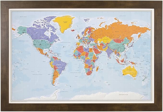 Push Pin Travel Maps - Blue Oceans World - Rustic Brown Framed Pin Map for Tracking Your Travels - 27.5" x 39.5" - 8 Handcrafted Frame Options - Made in USA - Ideal for Any Traveler