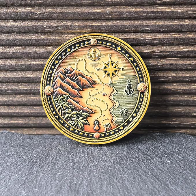 Pirate Challenge Coin – Adventure-Themed Zinc Alloy Coin with Treasure Map Design – 1.57 Inch Collectible Coin with Skull and Cross Swords ﻿ ﻿ ﻿