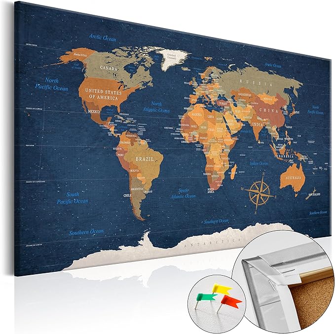 artgeist Pinboard World Map 35x24 in - Cork Board & Canvas Print Wall Art 1 pcs Memoboard with 50 Pins Noticeboard Message Board Image Picture Home Decor Travel Map k-C-0048-p-b