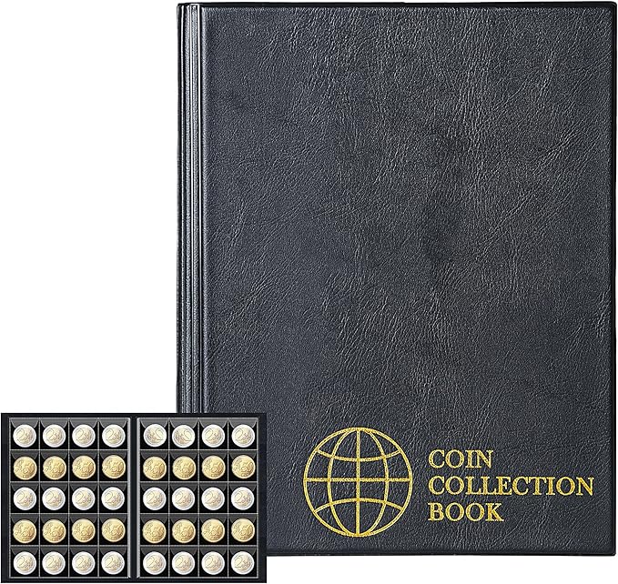 Uncle Paul 200 Pockets Coin Albums - 43x42 mm/1.7x1.6 inch Pocket Black Coin Book 10 Pages Coin Collection Holder Letter Size Coin Storage Book CS0220BK
