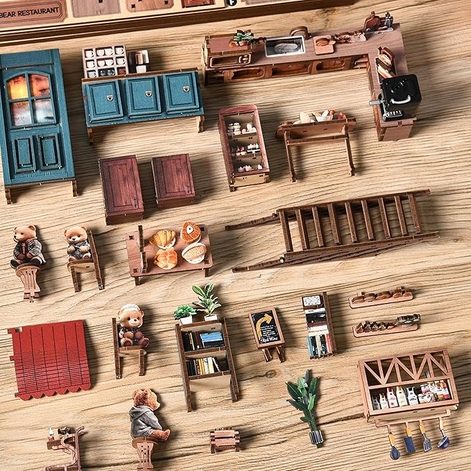ISSEVE Book Nook Kit - DIY Miniature House Kit for Adults, Teens and Beginners, Dollhouse Booknook Craft Tiny House Bookshelf Decor 3D Wooden Puzzle, Gifts for Friends Family (Bear Restaurant)