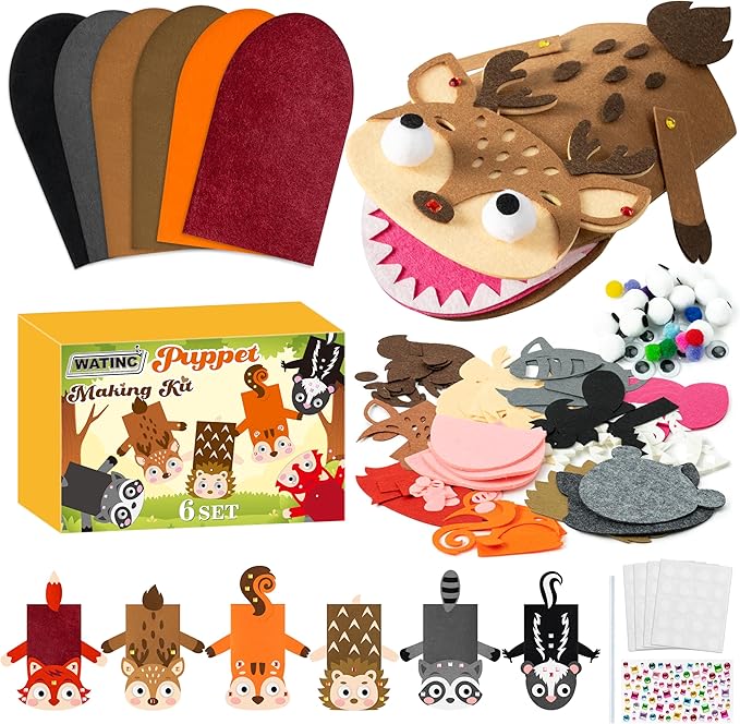 WATINC 6Pcs Hand Puppet Making Kit, Art Craft Felt Sock Puppet Toys, Creative DIY Make Your Own Pompoms Wiggle Googly Eyes Storytelling Role Play Party Supplies Gift for Girls Boys (Woodland A)