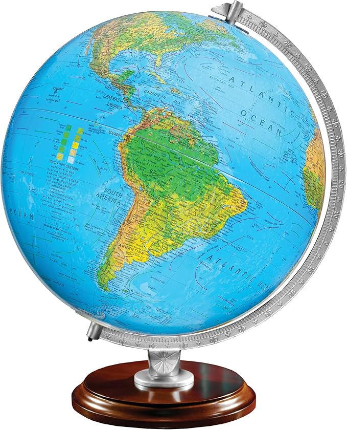 Standard Illuminated 12" Diameter Globe, USA Cartography with Walnut Finished Hardwood Base and Blue Ocean Globe Ball. A sleek walnut finished hardwood base and silver riser offer a perfect contrast to this beautiful geographic piece. When illuminated,...