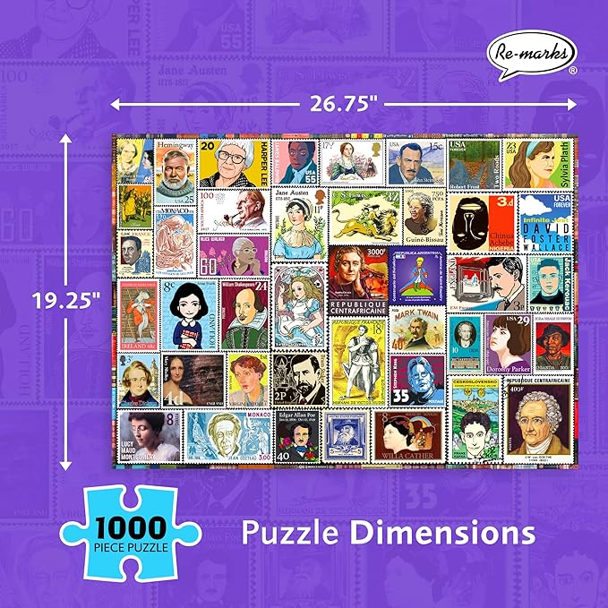 Re-marks Famous Authors Postage-Stamp Collage Puzzle, 1000 Piece Jigsaw Puzzle for All Ages