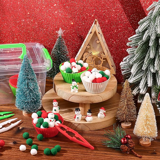 277 PCS Christmas Sensory Bin Filler Winter Sensory Bin Items 240 Pompoms 24 Resin Xmas Snowman 6 Cups 6 Tweezers 1 Storage Box for Winter Christmas Sorting Counting Training Education Activities