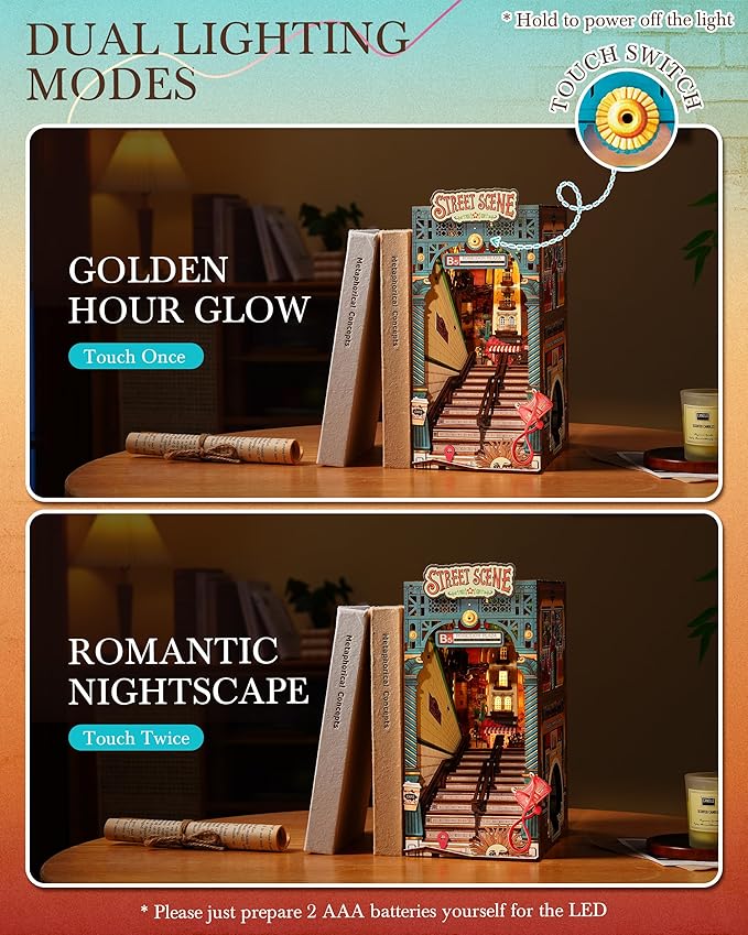 Rolife DIY Book Nook Kits Sunset Street Scene, Endless Stairs Bookshelf Decor 3D Wooden Puzzles for Adults, DIY Miniature House Model Building Kits, DIY Crafts/Birthday Gifts for Teens & Book Lovers