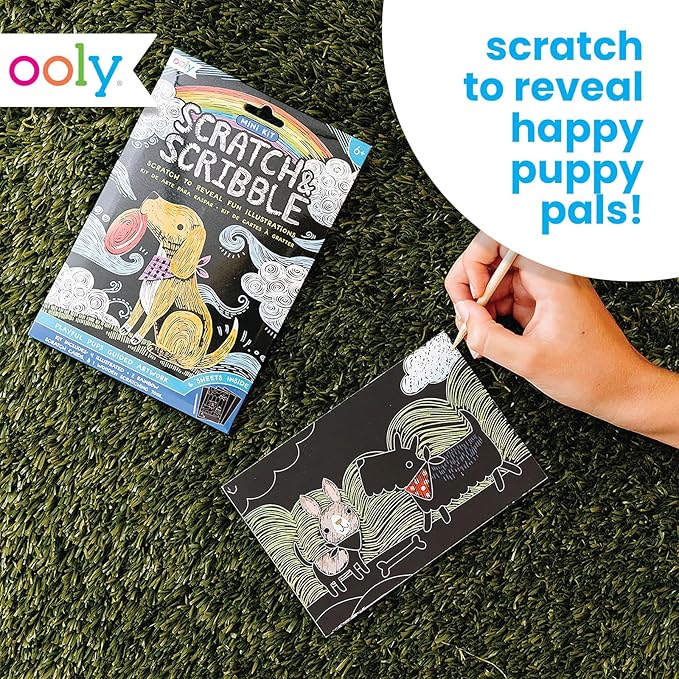 Ooly Mini Scratch & Scribble Art Kit - 6 Card Rainbow Scratch Art Set Gifts for Kids, Travel-Friendly Craft Kit, Scratching Tool Included - Playful Pups