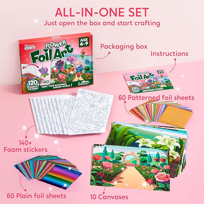 Klever Kits Foil Art Kit for Kids - Arts & Crafts Supplies, Mess Free Coloring, Flowers & Butterflies Foil Foam Stickers, Creative Travel Toys, Birthday Gifts for Boys & Girls Ages 4 and Up