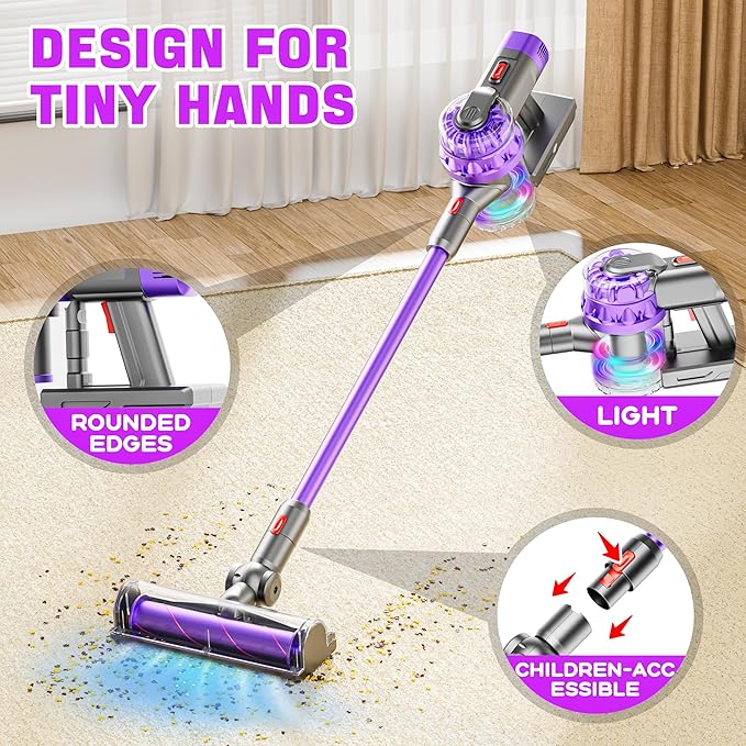 4-in-1 Toy Kids Vacuum That Works with Suction, Electric Toy Toddler Vacuum Cleaner for Children Ages 3 4 5 6+ Boys & Girls,Toddlers Toys Cleaning Set for Pretend Play (Purple)