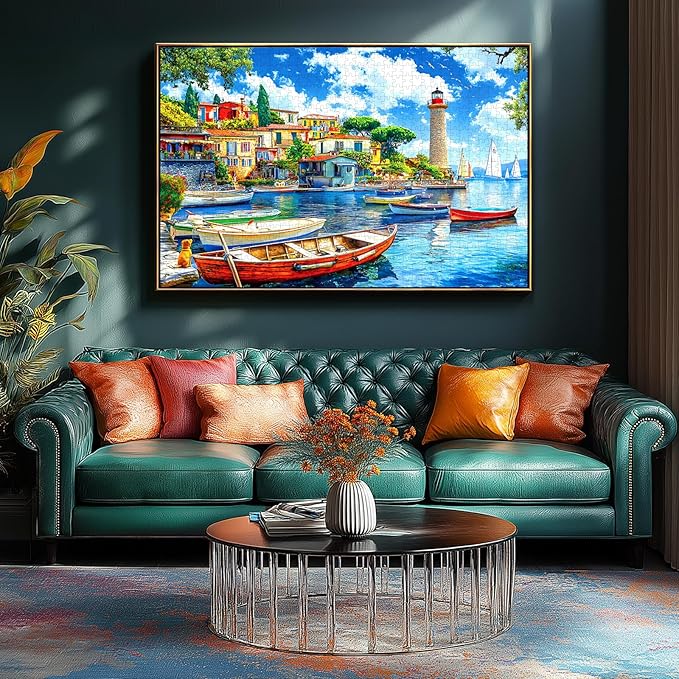 1000 Piece Jigsaw Puzzle for Adults Seaside Harbor Colorful Houses Lighthouse Sailboats Scene Beautiful Mediterranean Sea Landscape Challenging Coastal Village Puzzle for Adults Families27.6 x19.7
