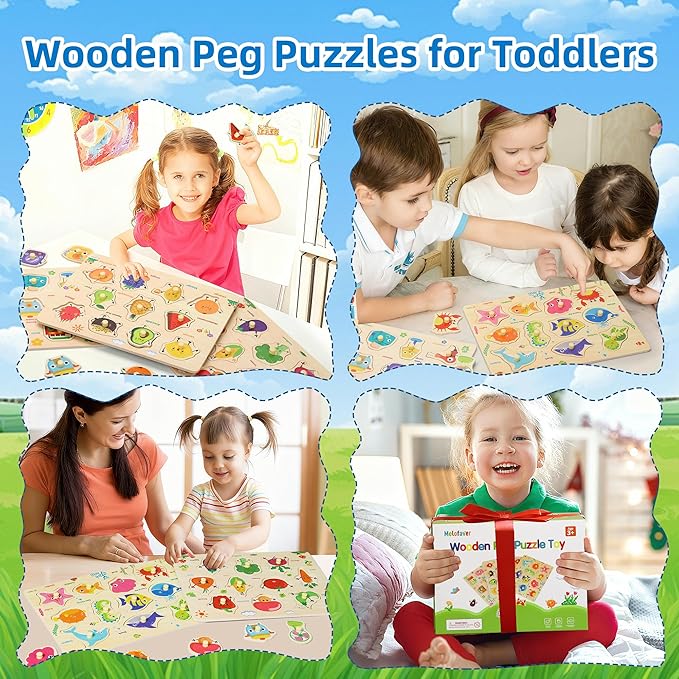 Wooden Peg Puzzles for Toddlers, 4 PCS Toddler Puzzles Set-Fruits, Sea Animals, Home Appliances, Vegetables, Baby Puzzle Montessori Toys for 3 4 5 Years Boys Girls, Kids Preschool Learninng Toys Gift