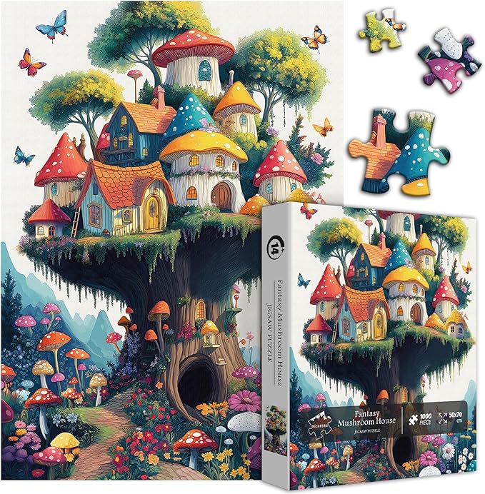 Mushroom Puzzles for Adults 1000 Pieces, Magic Mushroom Treehouse Puzzle Fantasy, Colorful Art Jigsaw Puzzle, Challenging Hard Puzzles for Adults