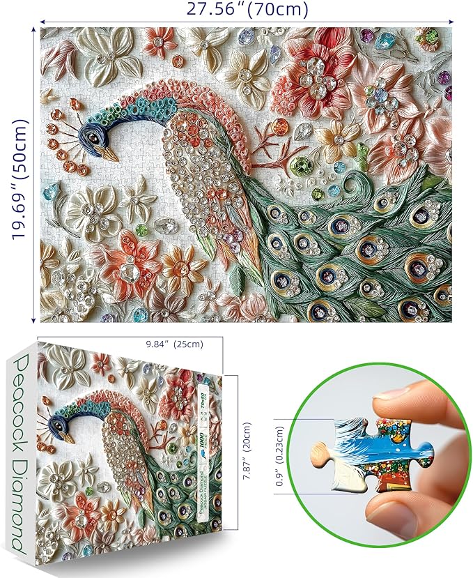 Peacock 1000 Piece Puzzle for Adults Beautiful Peafowl Colorful Flower Bird Crystal Jewellery Art Jigsaw Puzzles with Letters on Back Hard Impossible Difficult Challenging Family Puzzle(27.5"X19.6")