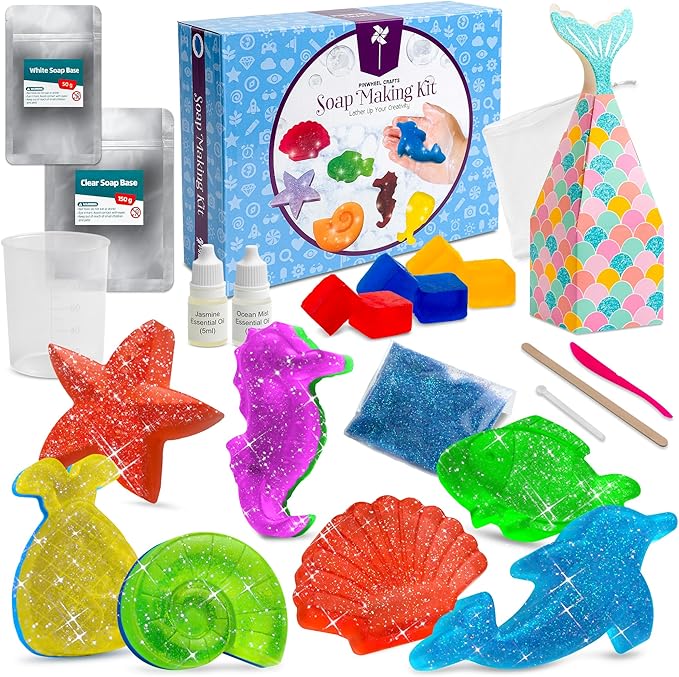 Pinwheel Crafts DIY Soap Making Kit for Kids Ages 5 6 7 8-12+ with Molds, Scents, Dye, Glitter, Foaming Net - Sealife Soap Making Kits for Adults Beginners Great for Science Projects and Crafts