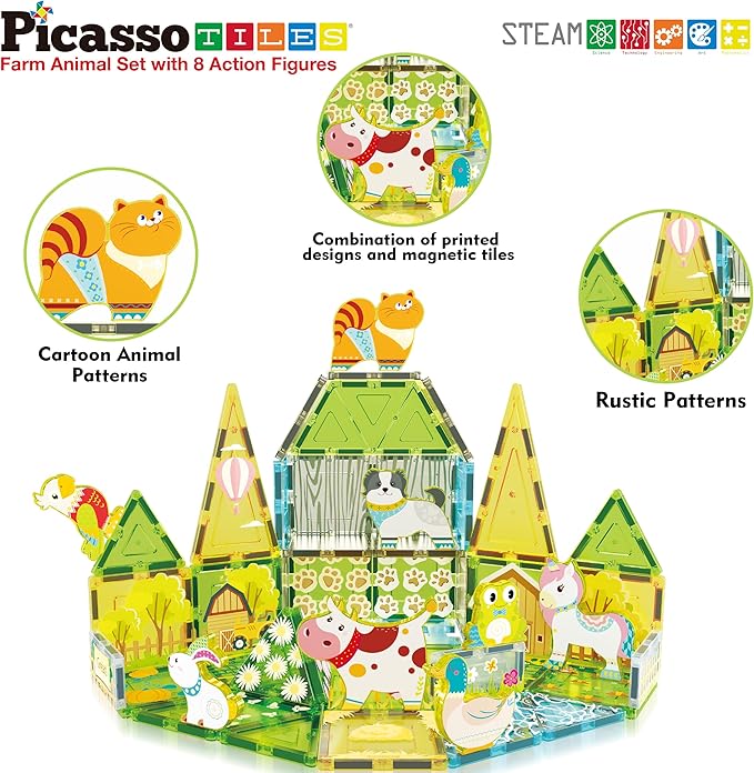PicassoTiles Magnetic Tile Farm Animal Building Playset with 8 Character Figures STEM Construction Toy for Kids Age 3 Plus Educational Pretend Play Learning Blocks Farmyard Creative Activity Kit PTQ17