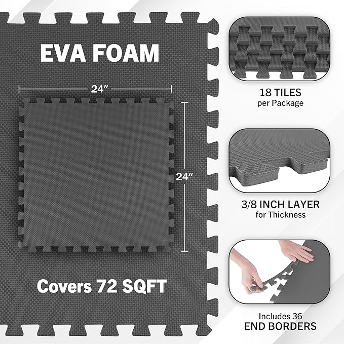 EVA Foam Mat Tiles 18-Pack - 72 SQ FT of Interlocking Padding for Garage, Playroom, or Gym Flooring - Exercise Mat or Baby Playmat by Stalwart (Gray)
