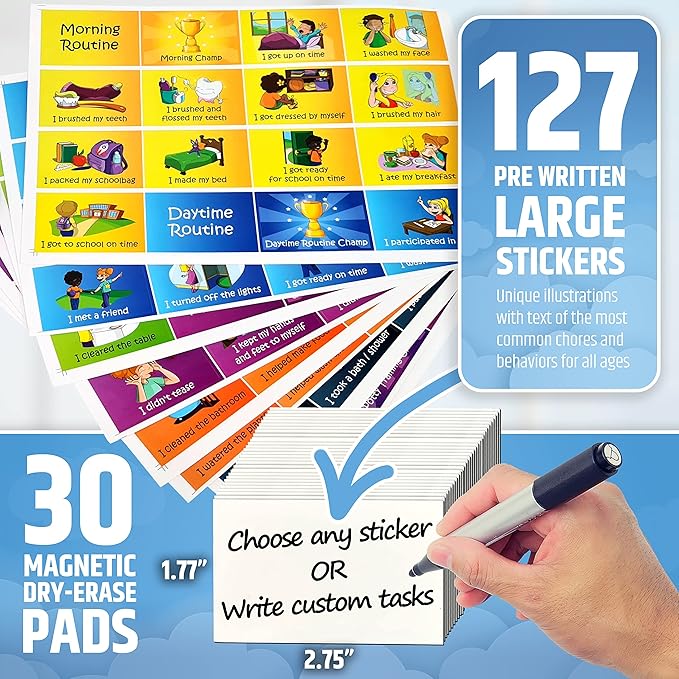 Large Magnetic Reward Chart for Multiple Kids (1-3 Kids) - 127 Pre-Written Stickers (Including Potty Training) + 30 Custom Chores - Behavior, Responsibility & Incentive Star Chart for Your Fridge