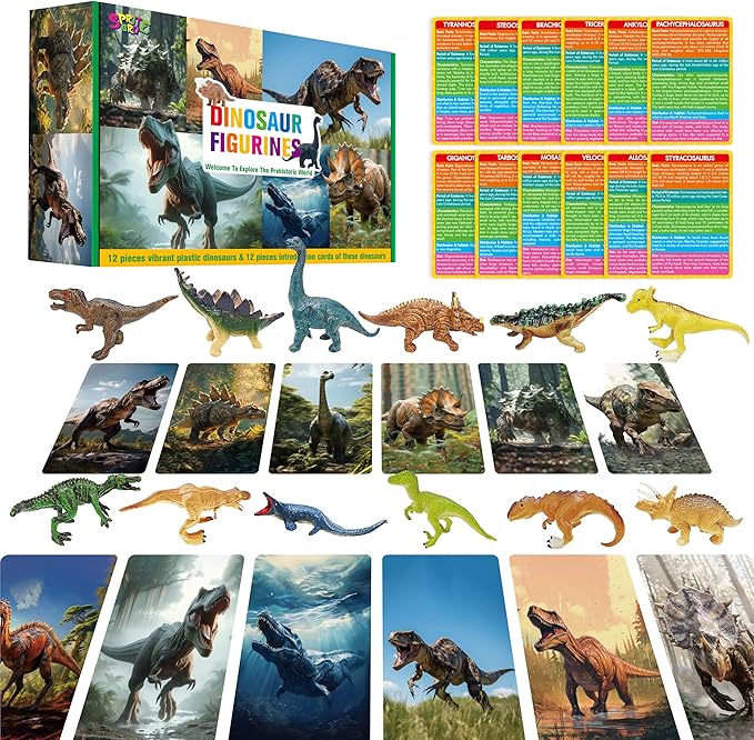 SpriteGru 12 PCS Dinosaur Figurines with 12 Introducing Flashcards, Portable Dinosaur Figurines Montessori Toys Science Educational Matching Game for Homeschool Preschool Toddler Kids