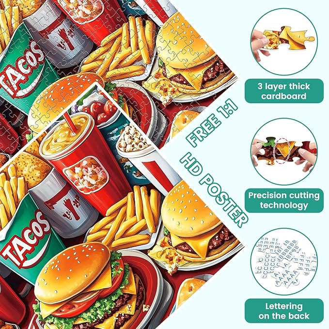 300 Pieces Hamburger Puzzles for Adults, Youths Favorite Foods Puzzle for Adults Children, Fries Puzzle 300 Pieces, Gift for Birthday, Home Decor, Fun for Family Entertainment(20.5 * 15 in)