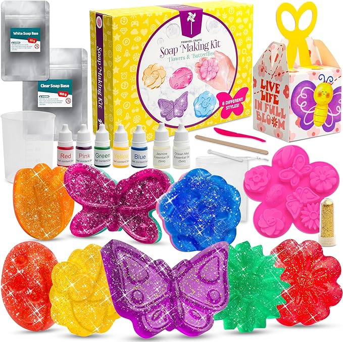 Pinwheel Crafts DIY Soap Making Kit for Kids Ages 5 6 7 8-12+ with Molds, Scents, Dye, Glitter, Foaming Net - Flower Soap Making Kits for Adults Beginners Great for Science Projects and Crafts