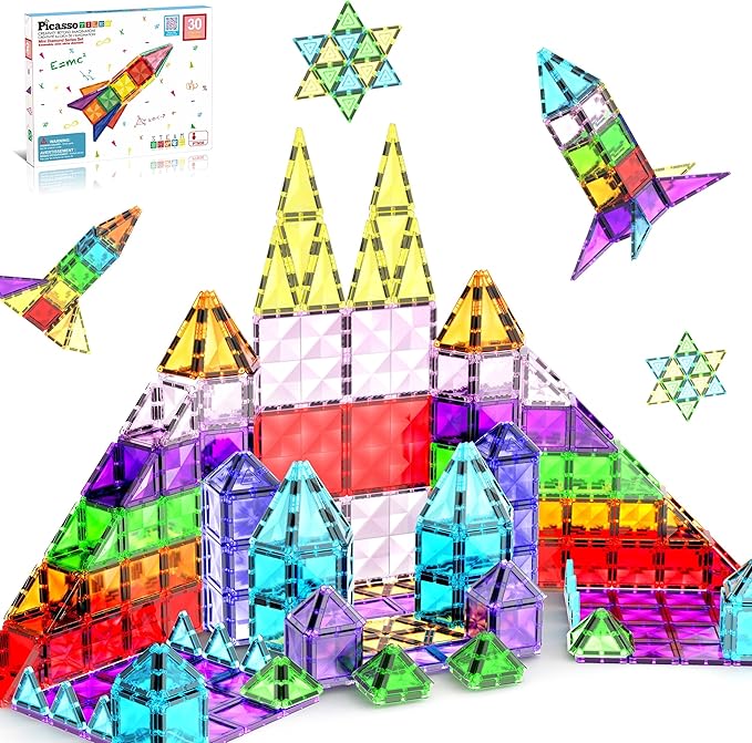 PicassoTiles 30pcs Mini Size Magnetic Tiles Sensory Magnet Toys Diamond Series Construction Building Blocks Set STEM Learning Travel Size Educational Toy for Kids Boys Girls Toddlers Age 3+ PTM30