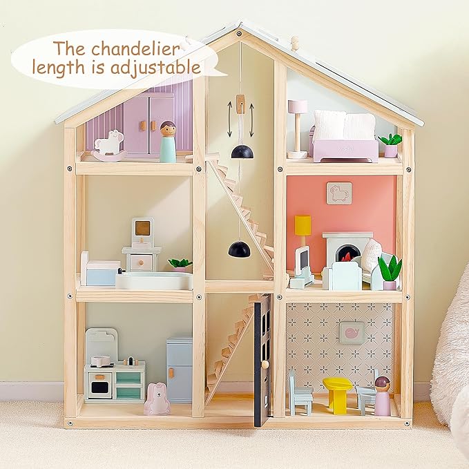 Wooden Dollhouse, 3-Story Wooden Doll House with 38-Piece Furniture, 6 Rooms Modern Family Playhouse, Movable Stairs & Adjustable Pendant Lights, Gift for Kids Ages 3+