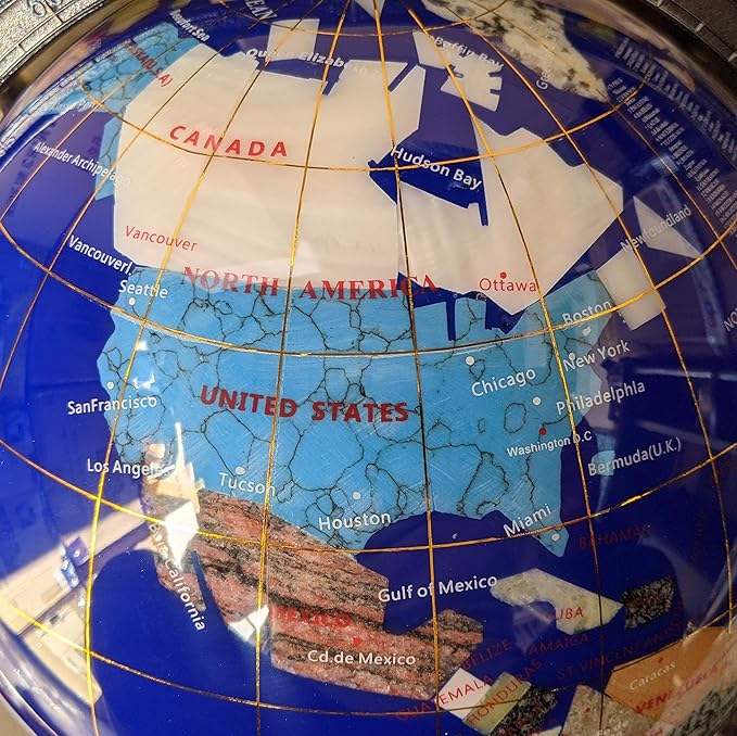 Limited Edition! Unique Art Since 1996 Blue Ocean Table Top Gemstone World Globe with 4-Legs Silver Zinc Alloy Stand (220MM/9 INCHES 4 LEG/BLUE OCEAN)