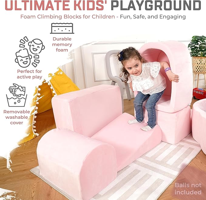 Foam Climbing Blocks for Toddlers & Babies – 5-Piece Soft Playset with High-Density Memory Foam & Velvet Cover – Indoor Climb and Crawl Activity Play Set for Motor Skills Imaginative Active Fun - Pink