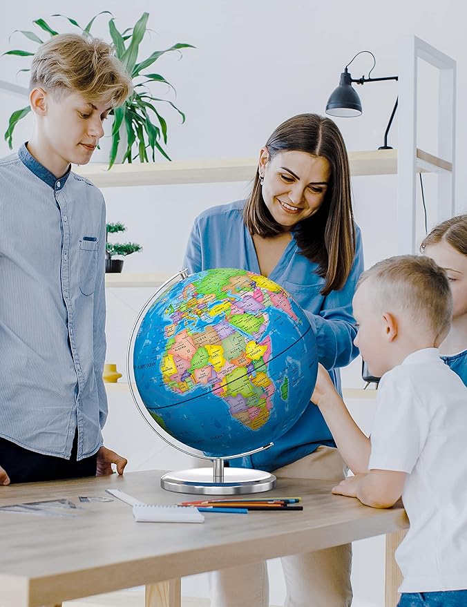 Illuminated World Globe with Stand, 13" Earth Globes with Stable Heavy Metal Base for Kids Classroom Learning, LED Constellation Globe Night Light with HD Printed Map