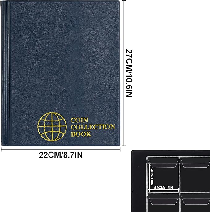 200 Pockets Coin Albums - 1.8x1.8 inch Grid Blue Coin Book 10 Pages Coin Collection Holder Letter Size Coin Storage Book 4.5x4.5 cm Pocket CS0220BL