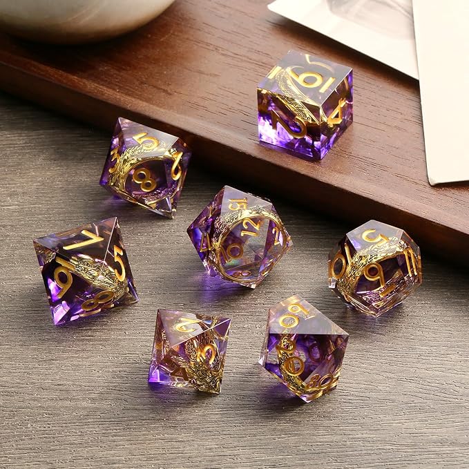 Magic Lord Ring D&D Dice Set DNDND Sharp Edge DND Dice Purple Swirl with Golden Ring Inside with Gift Metal Case for Dungeons & Dragons D&D Tabletop Game (Purple)