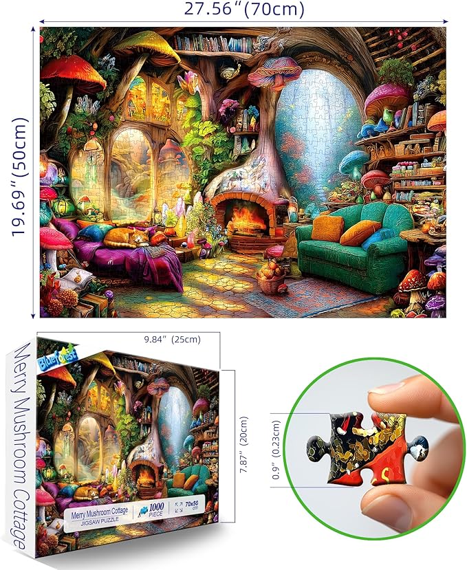 Fantasy Mushroom House Jigsaw Puzzle - 1000 Pieces for Adults, Magical Forest Scene, Challenging Puzzle Games, Premium Quality, Family & Adult Games for Game Night, Gift Idea (27"x20")