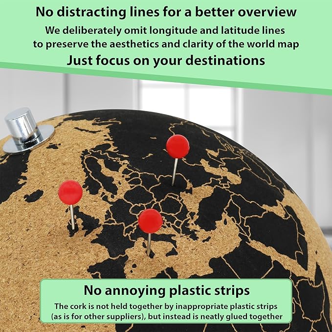 Beautiful Cork Globe with 102 Different Push Pins - Spinning Travel Globe 26cm / 10 inch High with Push Pin Made of Cork – as Travel Map & Gift Idea for Globetrotters