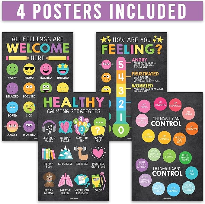 Hadley Designs Feelings Chart For Kids Ages 4-8- Emotions Chart For Toddlers 3-5, Counseling Feelings Posters For Classroom Calming Corner, Social Emotional Learning Poster, Chalkboard Classroom Decor